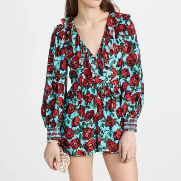 ALICE + OLIVIA Kami Blouson Sleeve Deep V Ruffle Romper in Beach Bliss Aqua (D9) - Picture 4 of 11